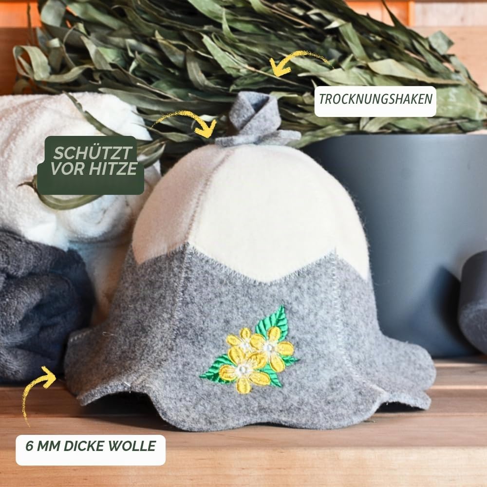 Saunahut für Damen und Herren aus Filz - Sauna Flower – Grau Saunahut für Herren und Damen aus 100Pr