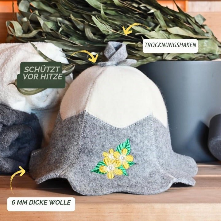 Saunahut für Damen und Herren aus Filz - Sauna Flower – Grau Saunahut für Herren und Damen aus 100Pr