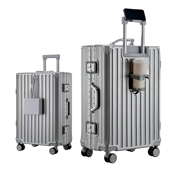 Alu-Rahmen Handgepäck Koffer (55cm) - 45L Hartschalenkoffer mit Becherhalter & Handyhalter - Premium