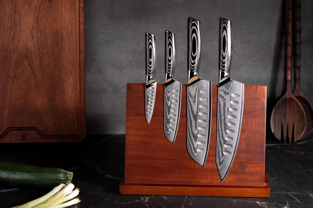 Wolfblood PRO 4er Damastmesser Set (33, 31, 24 und 20 cm) mit magnetischem Messerblock aus Akazienho