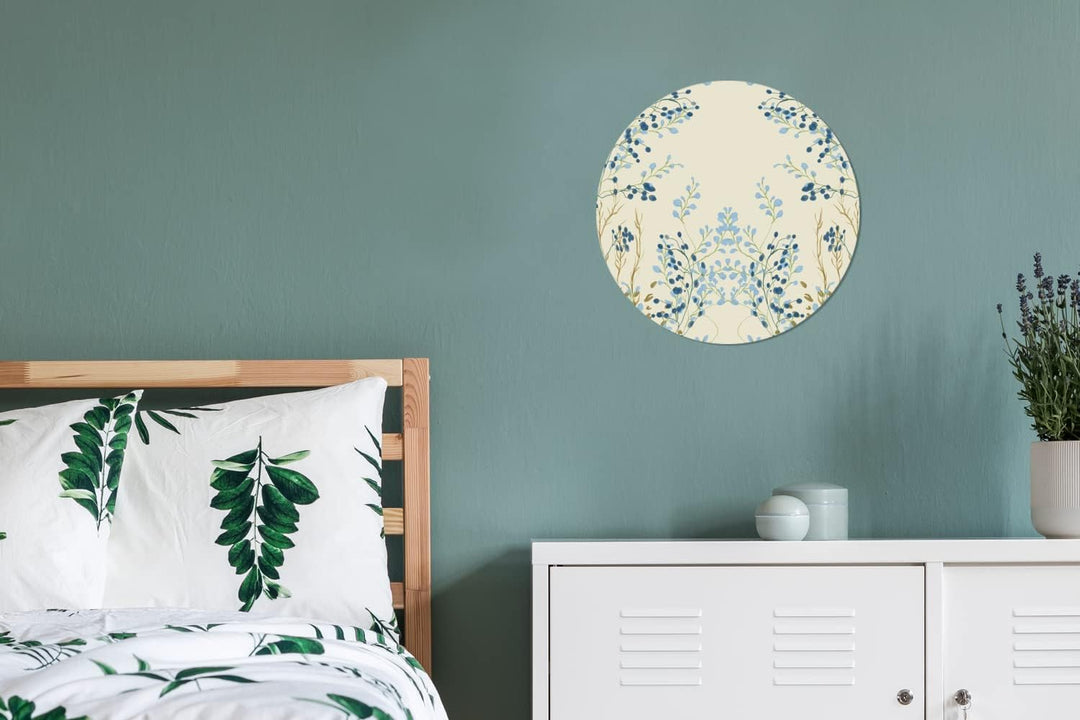 MuchoWow Wandbild Rund Wanddeko Deko Wohnzimmer Bilder 30x30 cm Blau - Beige - Pastell - Blätter, 30