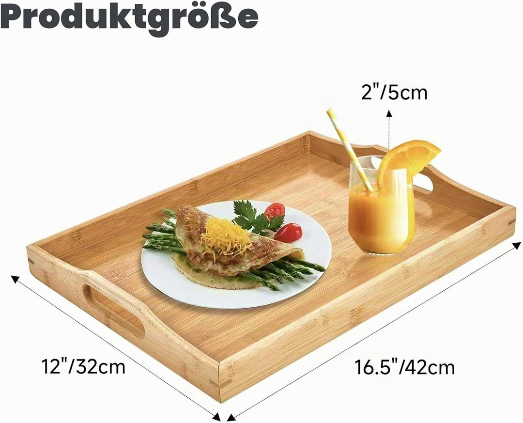 Yvttve Bambus Tablett Serviertablett mit Griffen, Rechteckig Holz Tablett Gross Küchentablett für Fr