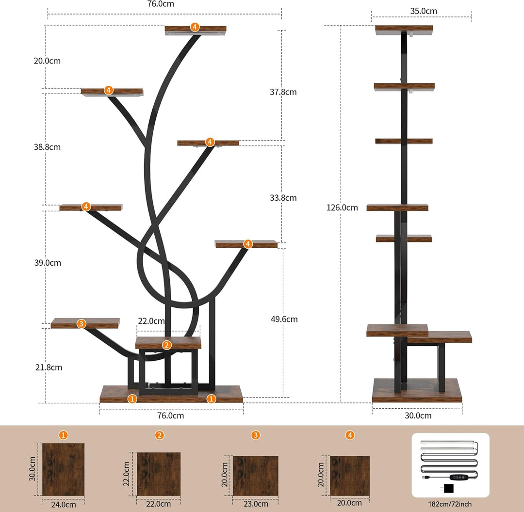 Pflanzenständer mit Wachstumslicht - 8 Ebenen Blumenständer 126cm Metall Holz Pflanzenregal - Innen