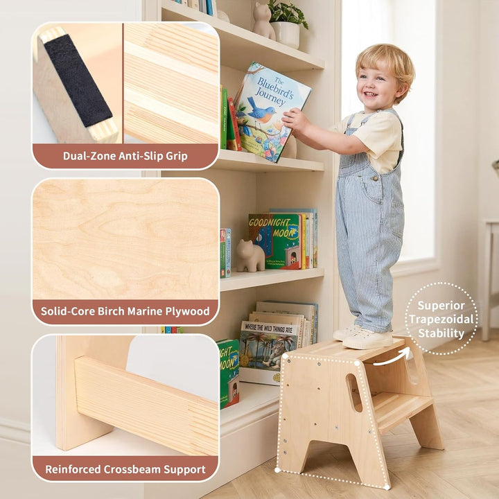 WINGYZ Tritthocker Kinder 2 Stufen aus Holz Zweistufiger Hocker mit 3 verstellbaren Höhen, 2 Griffen