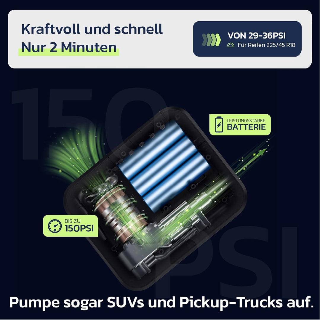 Woowind Akku Kompressor, Elektrische Luftpumpe Auto und Fahrradpumpe elektrisch, 150 PSI, inkl. Pres