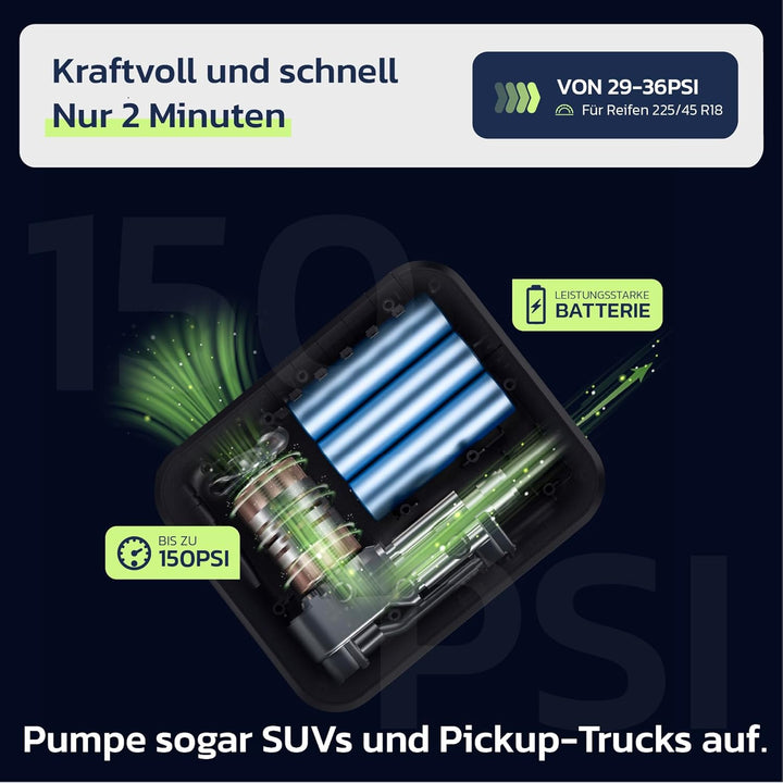 Woowind Akku Kompressor, Elektrische Luftpumpe Auto und Fahrradpumpe elektrisch, 150 PSI, inkl. Pres