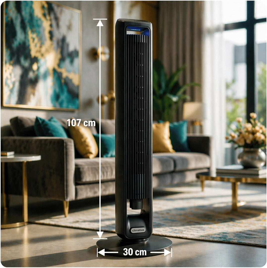 Turmventilator ION 107cm WiFi Tuya, Ionisator & grosses Duftfach, Starker 6m/s Wind, 90° Oszillation