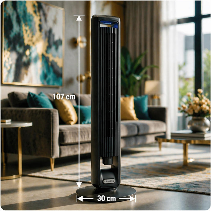 Turmventilator ION 107cm WiFi Tuya, Ionisator & grosses Duftfach, Starker 6m/s Wind, 90° Oszillation