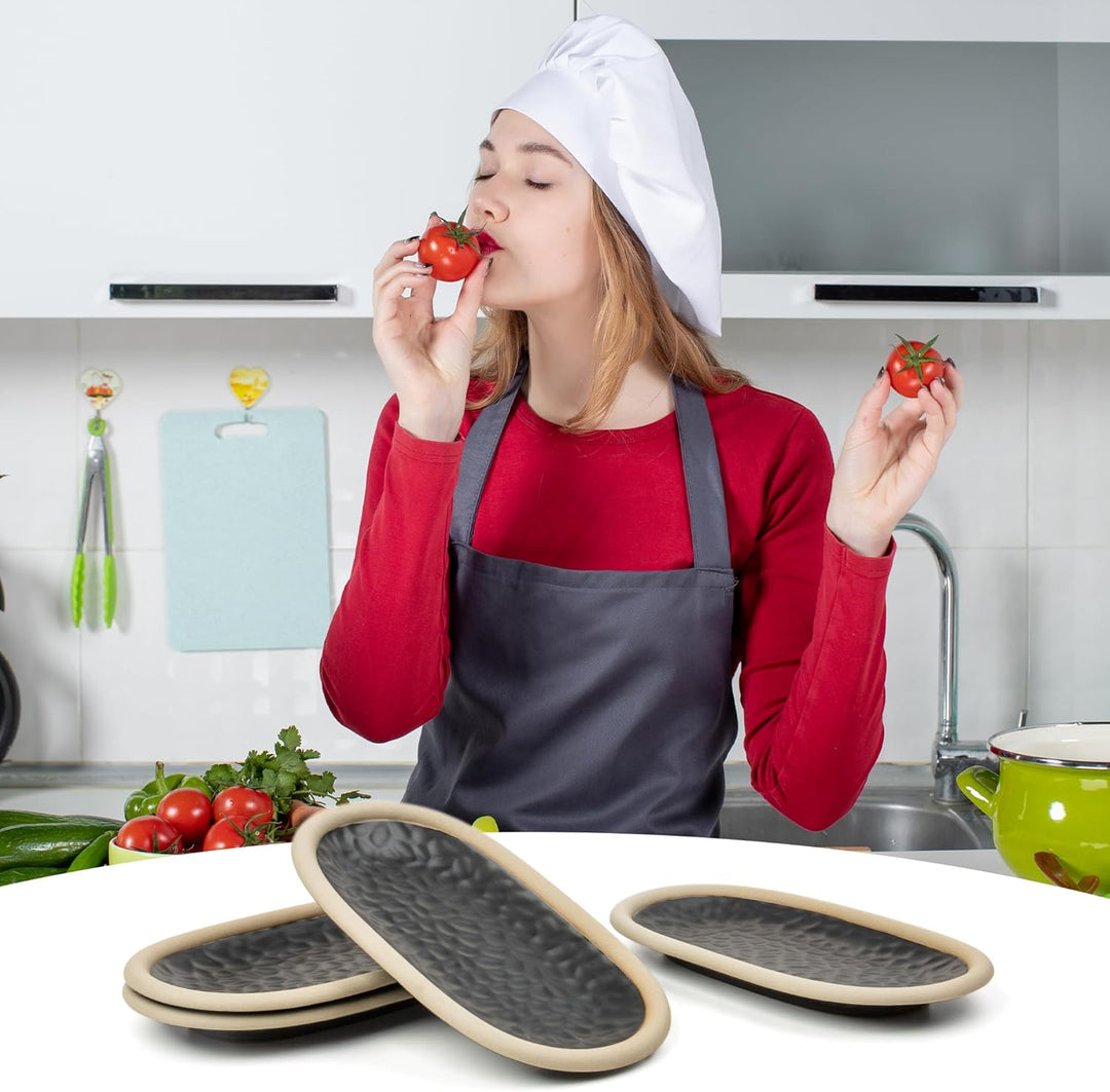 Urban Lifestyle Ovale Dessertteller Set 4er Schwarz 19,5 x 11,5 cm, Rustikale Keramik Tapasteller au