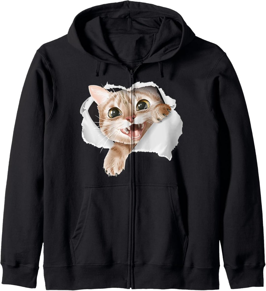 Katzenkarikatur im zerrissenen Stoffloch Kapuzenjacke