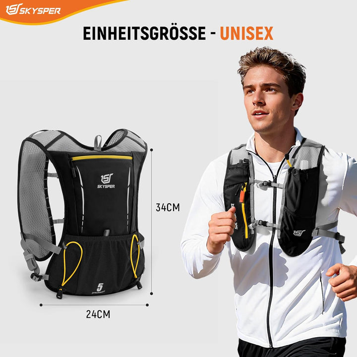 SKYSPER Laufweste Ultraleichter 5L, Trinkrucksack mit weichen Flaschen 500ml Laufrucksack Herren Dam