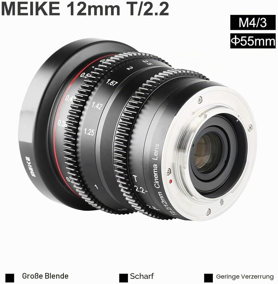 Meike 12mm T2.2 Manual Focus Wide Angle Fixed Prime Cinema Lens for M43 Micro Four Thirds MFT Mount