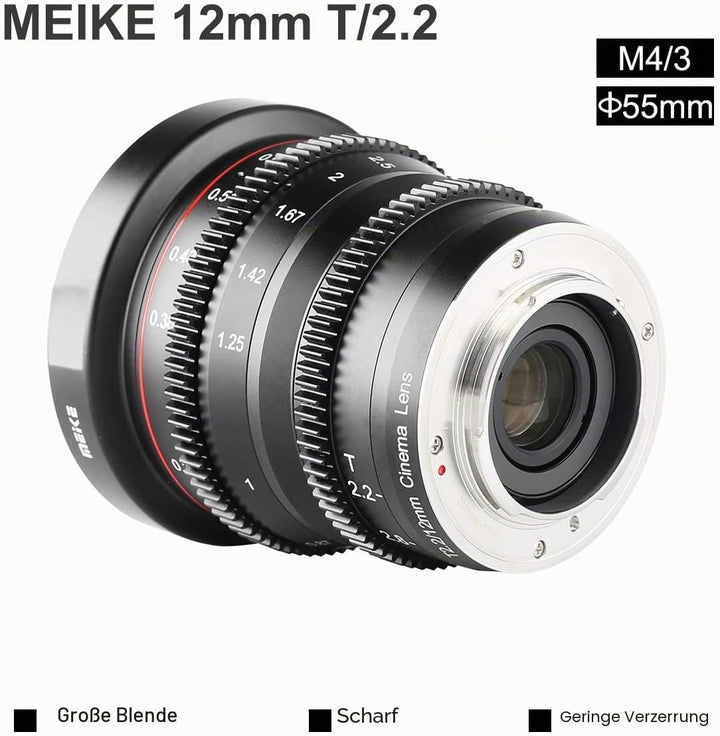 Meike 12mm T2.2 Manual Focus Wide Angle Fixed Prime Cinema Lens for M43 Micro Four Thirds MFT Mount