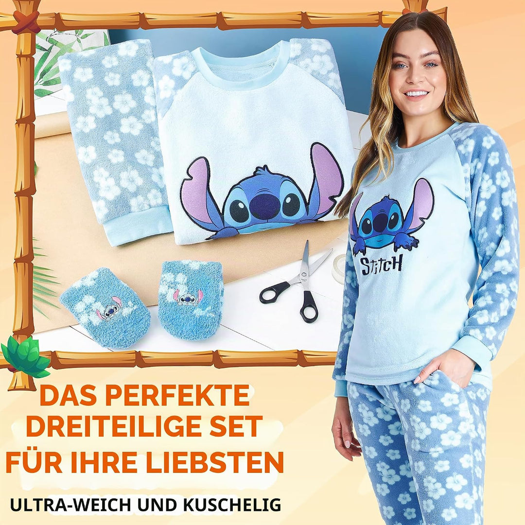 Disney Schlafanzug Damen mit Kuschelsocken Set Charaktere Stitch Geschenke Set L Blau Stitch, L Blau