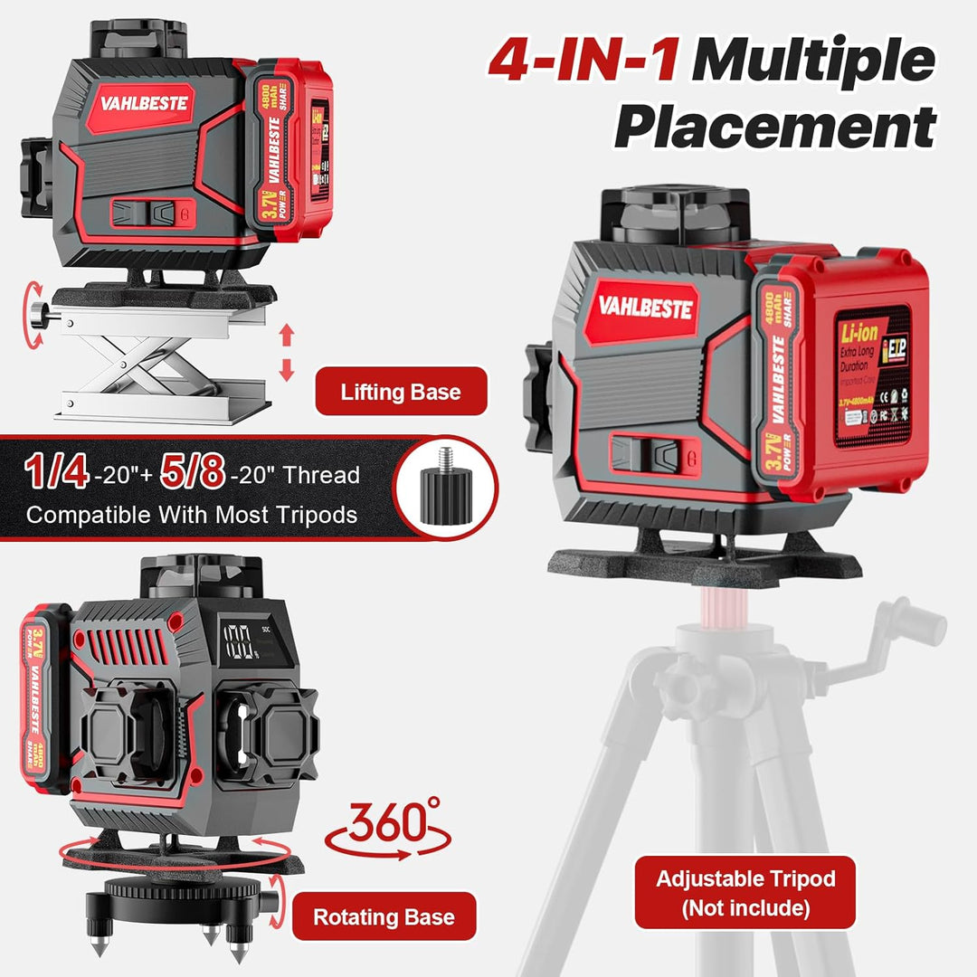 Kreuzlinienlaser, Laser Wasserwaage, 4x360 Grad Laser Level mit 2x4800mAh Batterien & LED-Anzeige, 4