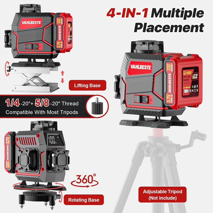 Kreuzlinienlaser, Laser Wasserwaage, 4x360 Grad Laser Level mit 2x4800mAh Batterien & LED-Anzeige, 4