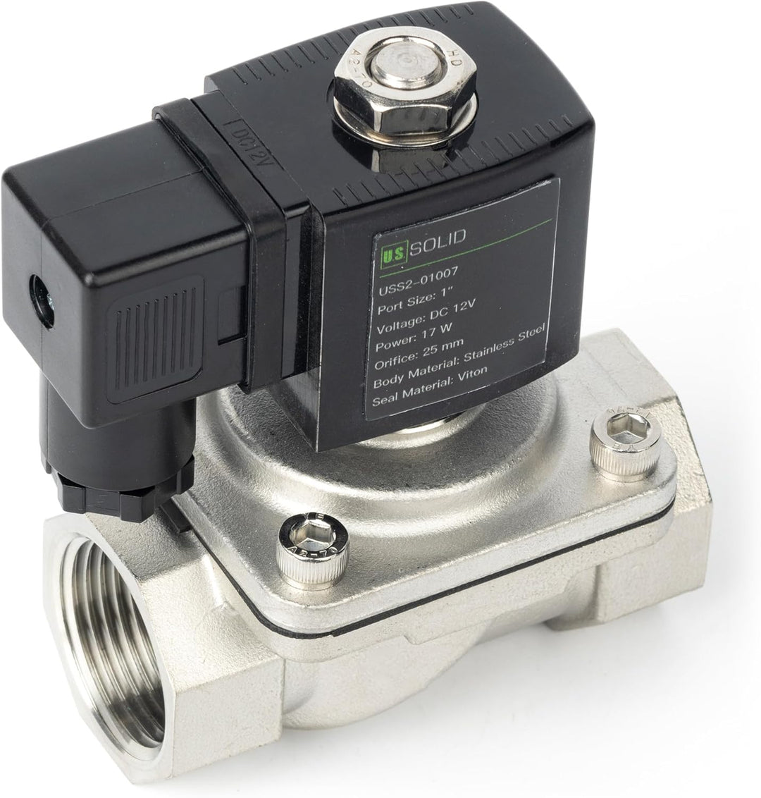 U.S. Solid 1" Magnetventil - Edelstahl DC 12V mit Viton-Dichtung, stromlos geschlossen, Anschlussdos