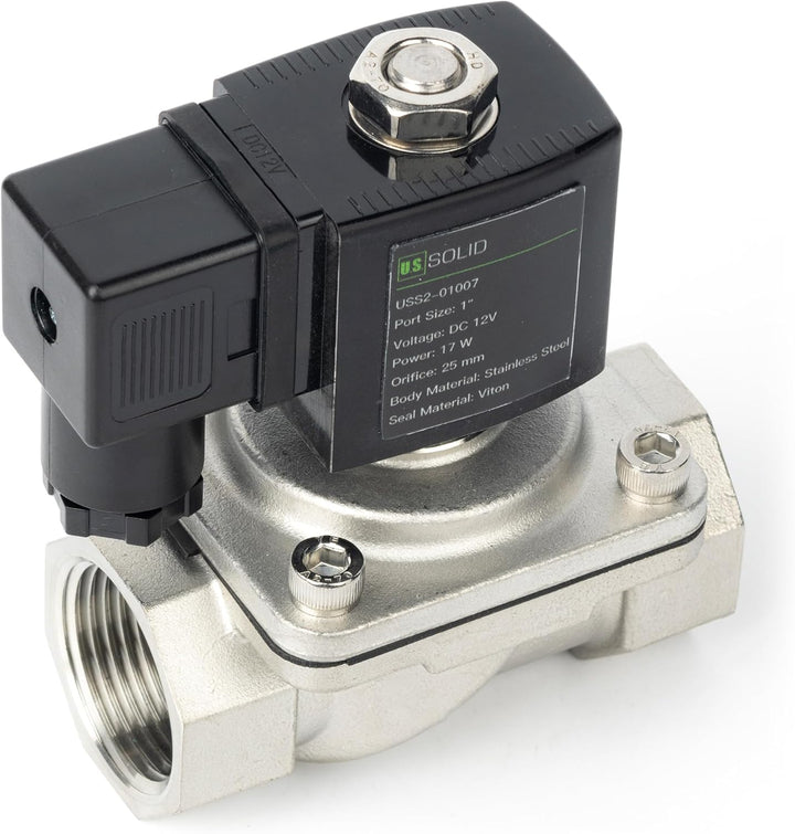 U.S. Solid 1" Magnetventil - Edelstahl DC 12V mit Viton-Dichtung, stromlos geschlossen, Anschlussdos
