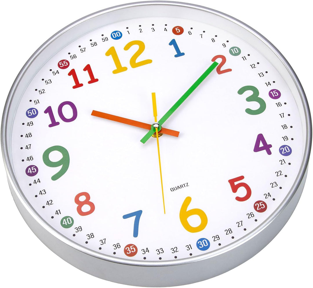 ACCSHINE Kinder Wanduhr ohne Tickgeräusche Lernuhr 30cm 3D Bunt Zahlen Modern Quartz Lautlos Wanduhr