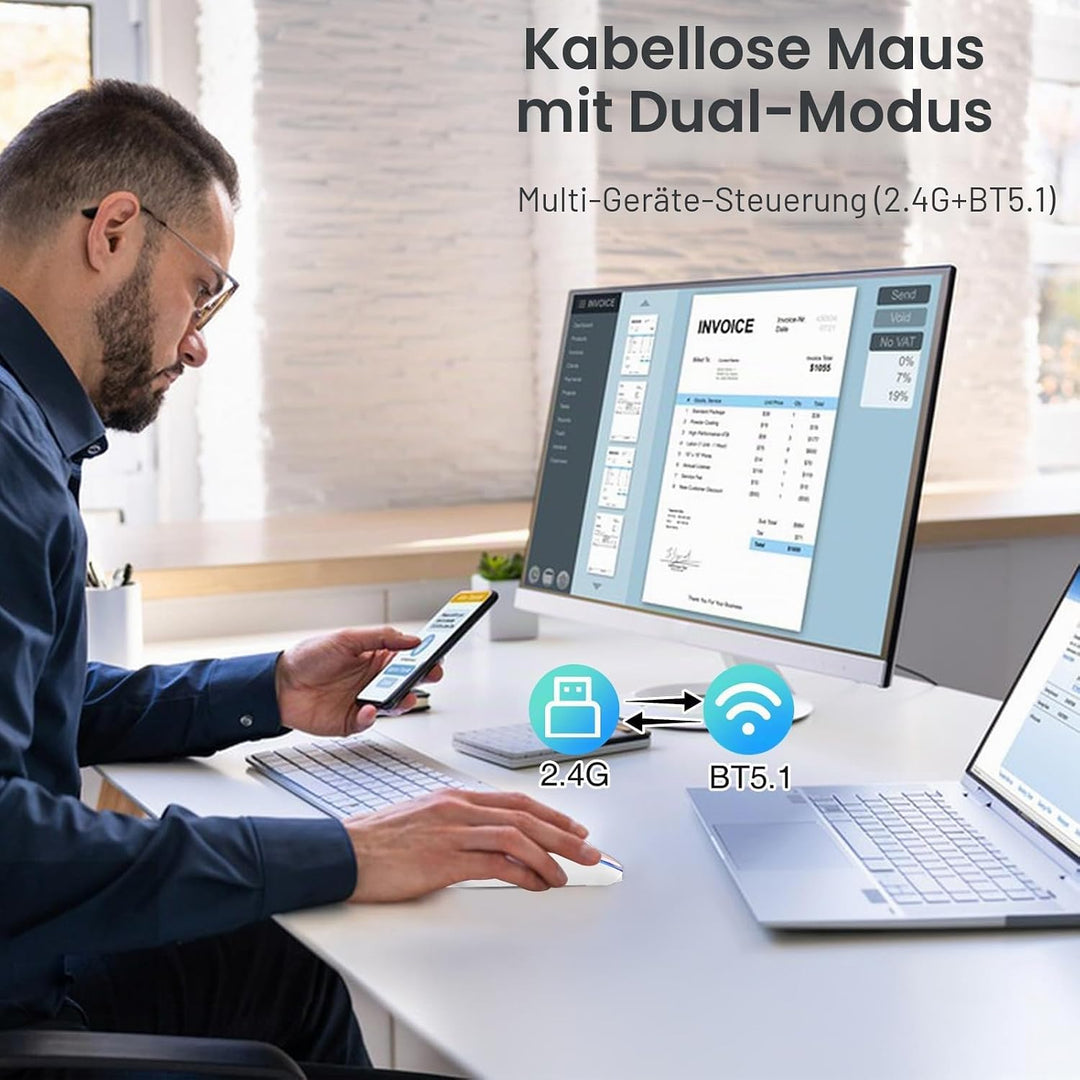 cimetech Bluetooth Maus kabellos (Bluetooth 5.1 + USB 2,4 GHz) LED Dual Mode- Wiederaufladbare Optis