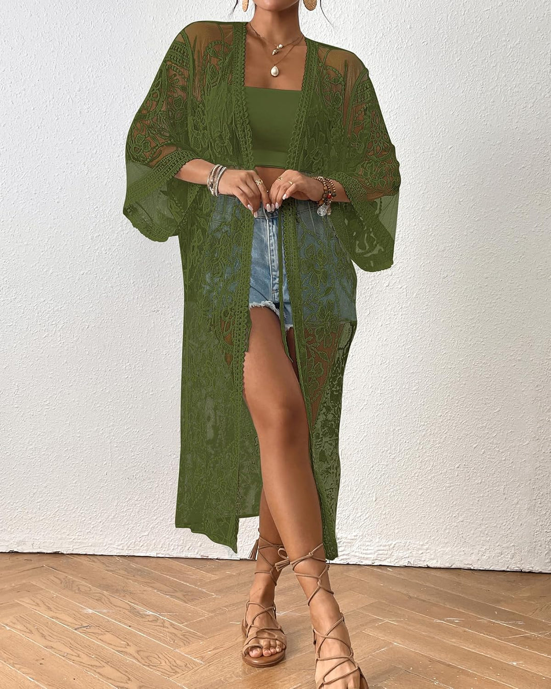 Bsubseach Damen Sexy Lace Crochet Open Front Badeanzug Strand Lange Kimono Cover Ups D-armee Grün, D