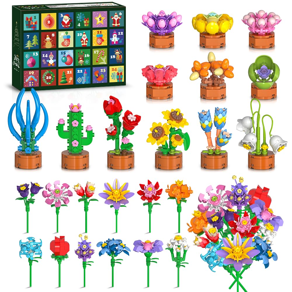 HOGOKIDS Adventskalender 2025 Blumen 3.6 Mini Bausatz - 24 Tage Weihnachten Countdown Sukkulenten Bo