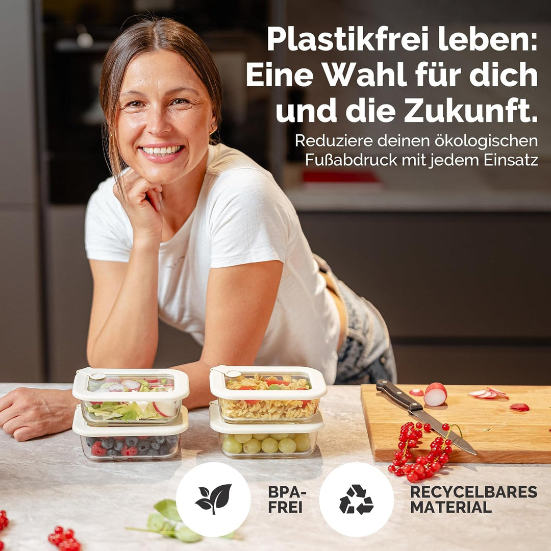 Frischhaltedosen Set 4x370ml – Borosilikatglas, Glasbehälter luftdicht & mikrowellengeeignet, Meal P