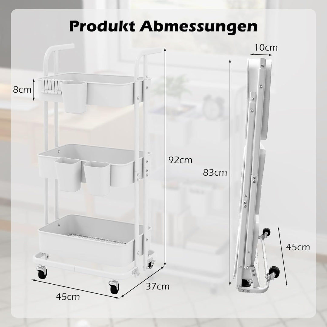 COSTWAY 3 Ebenen Rollwagen klappbar, mobiler Servierwagen auf Rollen, Küchenwagen aus Metall mit Gri