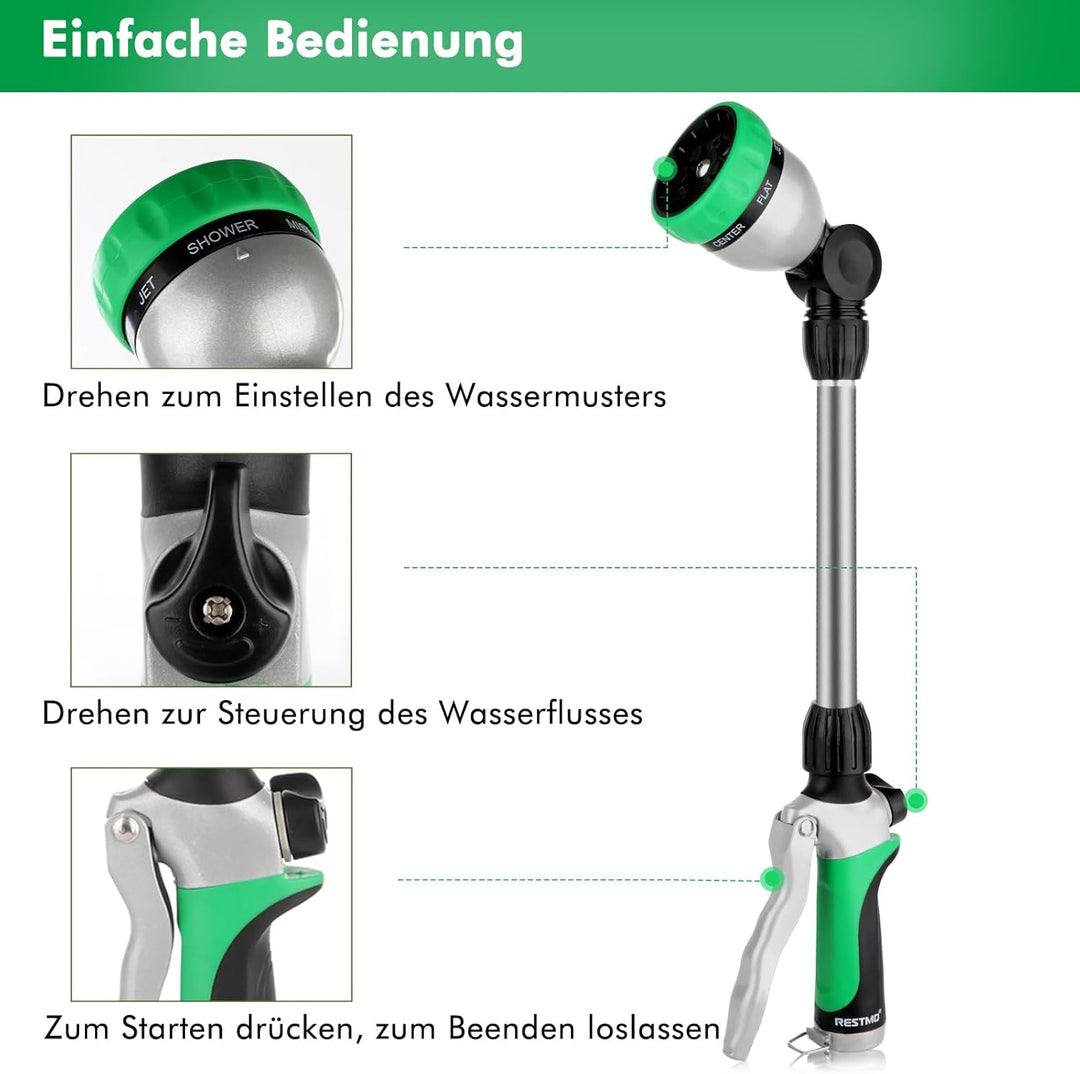 RESTMO Garten Giessstab Metall, 39cm Lang Gartenbrause mit Stiel, 180° schwenkbaren Kopf Stabbrause