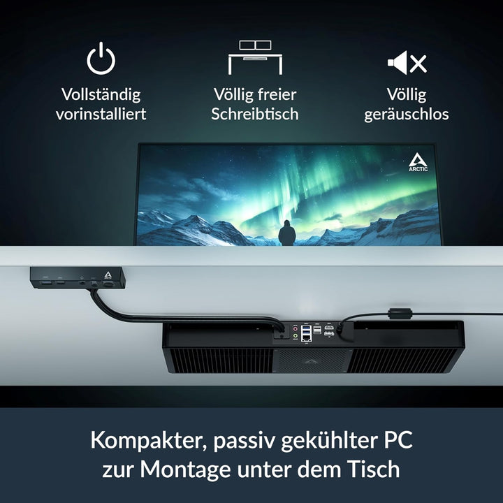 ARCTIC Senza 5700G Pro - Passiv gekühlter, lautloser PC zur Montage unter dem Tisch, Windows 11 Pro,