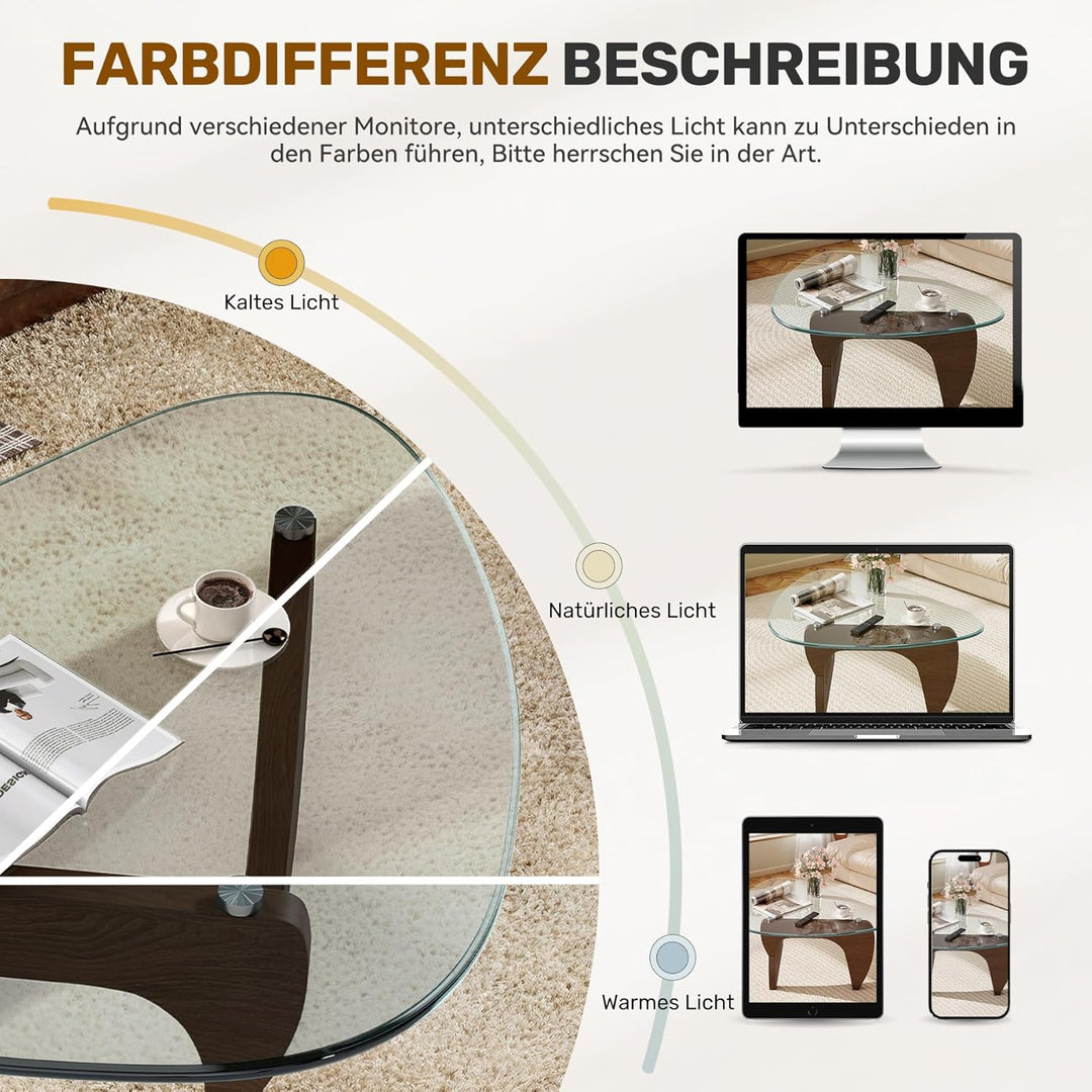 Dreieckiger Beistelltisch, Couchtisch Glas Transparent, Grosser Wohnzimmertisch Mid-Century, MDF Hol