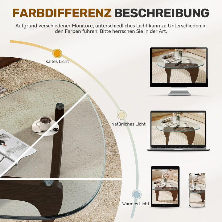 Dreieckiger Beistelltisch, Couchtisch Glas Transparent, Grosser Wohnzimmertisch Mid-Century, MDF Hol