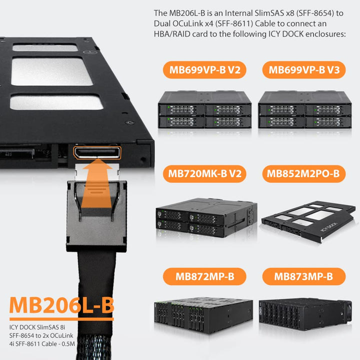 ICY DOCK SlimSAS 8i SFF-8654 zu 2x OCuLink 4i SFF-8611 Kabel 50cm schwarz Kabel SlimSAS 8i zu 2x OCu