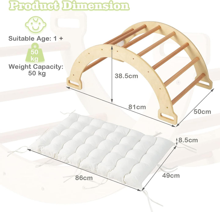 HOMASIS Kletterbogen mit Kissen, Holz Klettergerüst Indoor, Montessori Holzwippe Bogenwippe zum Wipp