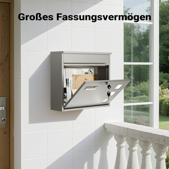 Wiltec Briefkasten V12 Edelstahl 360 x 115 x 315 mm, Wandbriefkasten mit Schloss, Sichtfenstern und