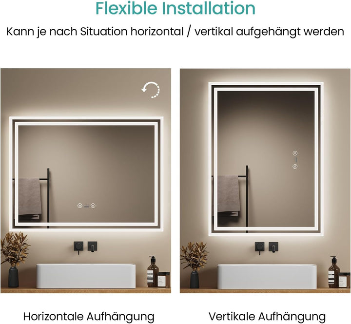 EMKE LED Badspiegel 70x50 cm mit Bewegungssensor, 3 dimmbare Lichtfarben, beschlagfrei, Touch, autom