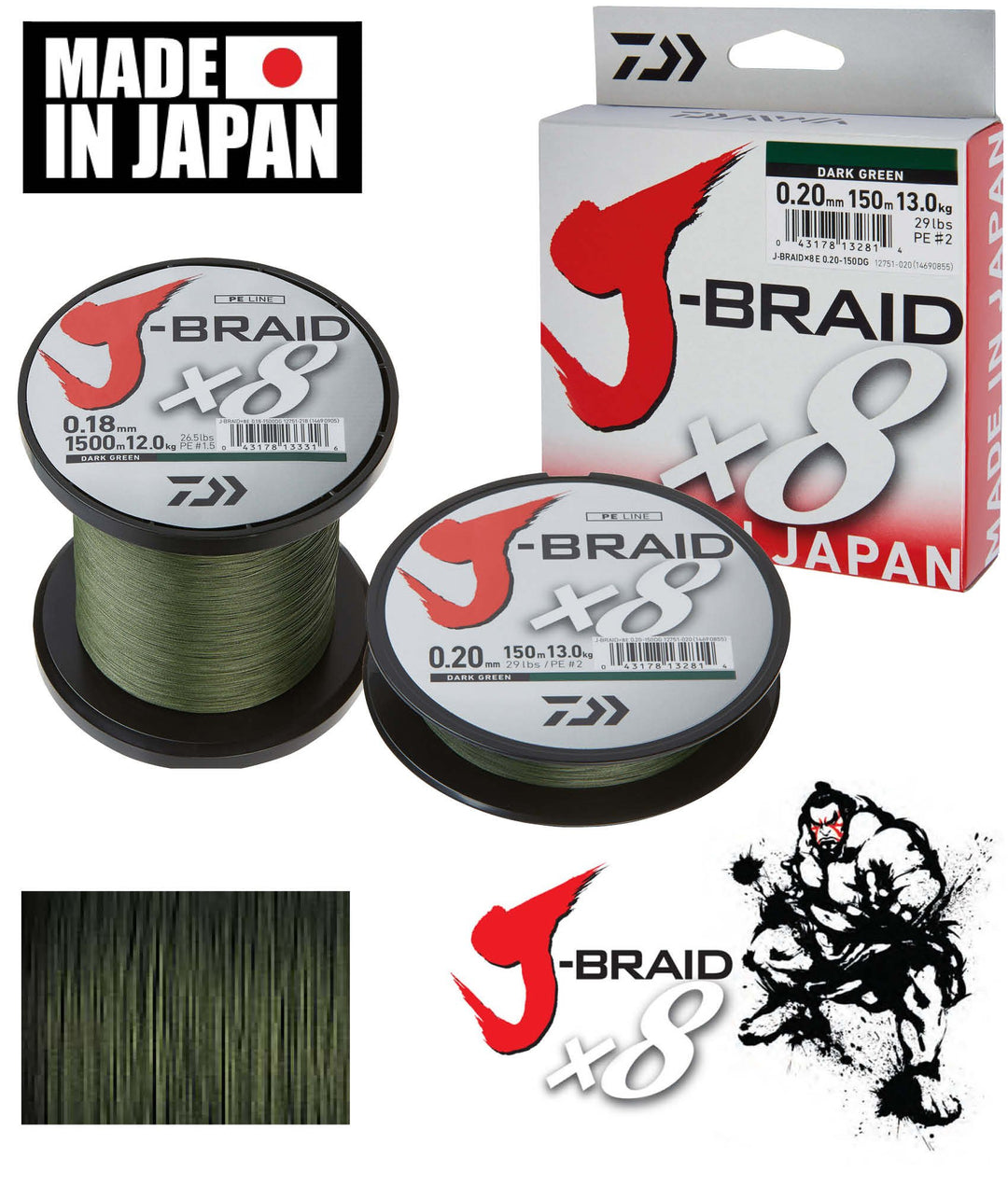 Daiwa J-Braid X8, 1500m dunkelgrün - geflochtene Angelschnur Dm: 0,18 mm, Dm: 0,18 mm