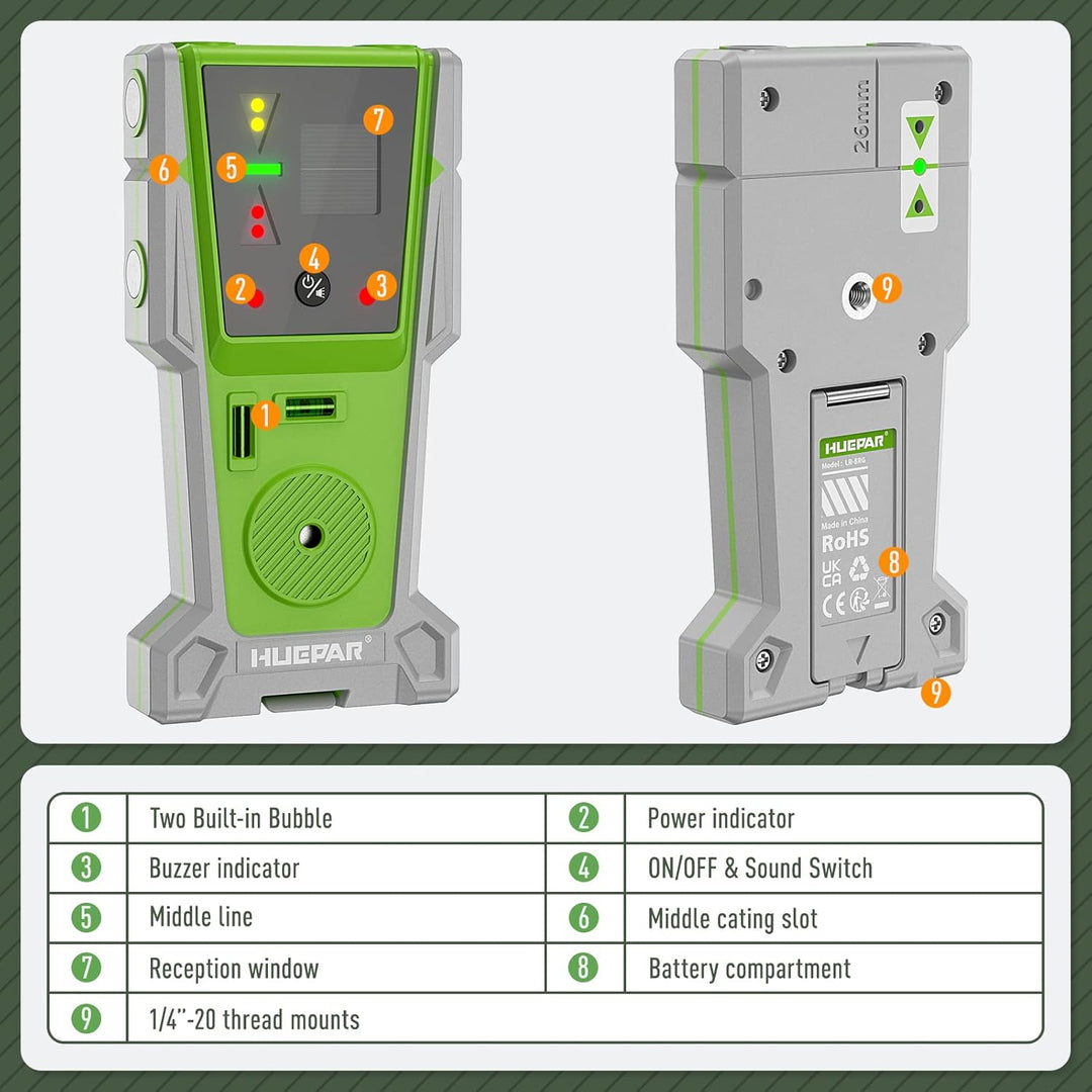 Huepar LR-8RG Laserdetektor für Lasernivellierung, digitaler Laserempfänger für grünen und roten Str