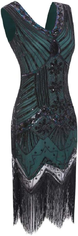 MIMIKRY 20er Jahre Charleston Flapper Damen-Kostüm Grün/Schwarz Pailletten-Kleid mit Fransen und 5-t