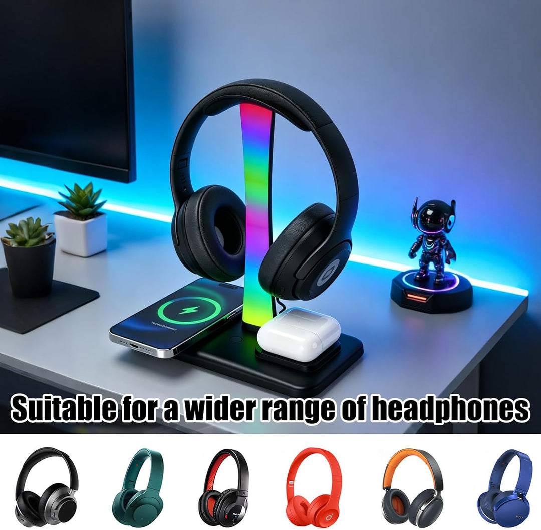 3 in 1 RGB Gaming Kopfhörer Ständer, Headset Halterung mit 15W Wireless Ladegerät, Wireless Charge K