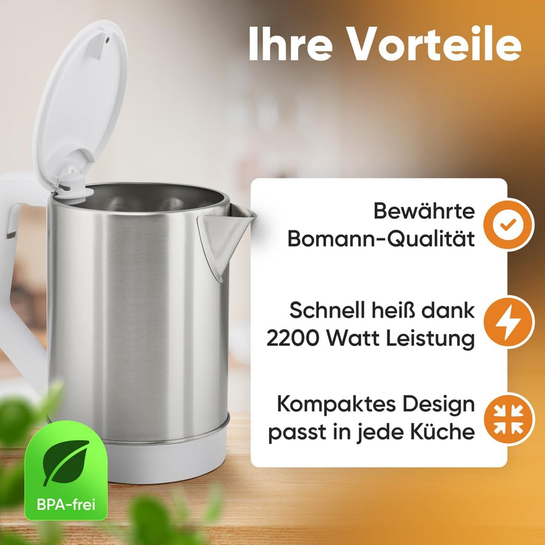 Bomann® Wasserkocher | 1.5 Liter Füllmenge | Sicherheitsklappdeckel | 2200 W Leistung | verdecktes H