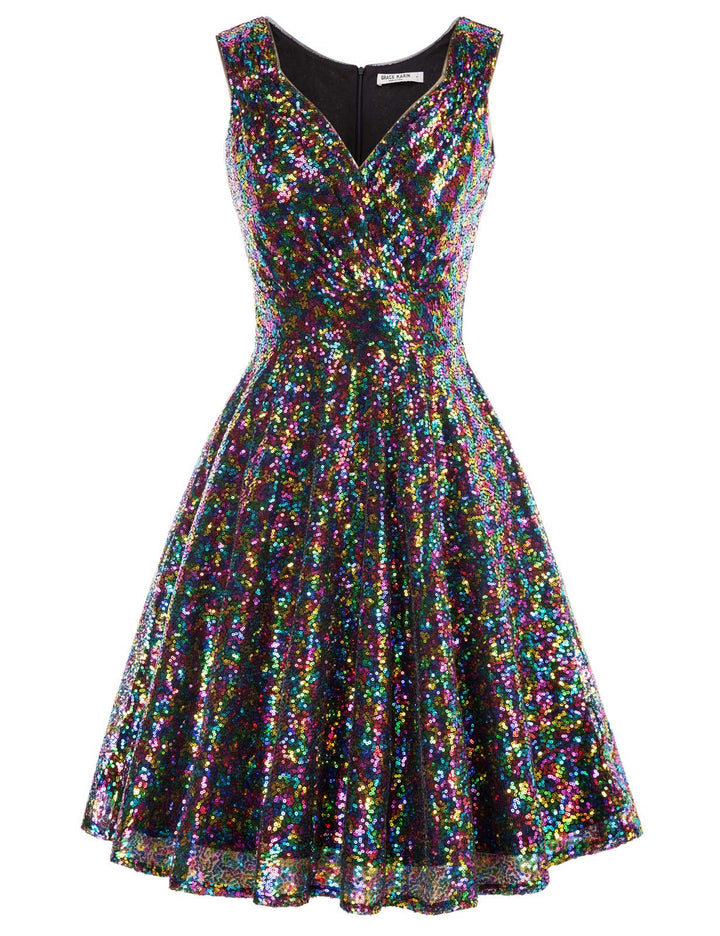 GRACE KARIN Damen Perlen Kleid Knielang Rockabilly Retro Kleider Faltenrock CL061, XXL Cl1061-10
