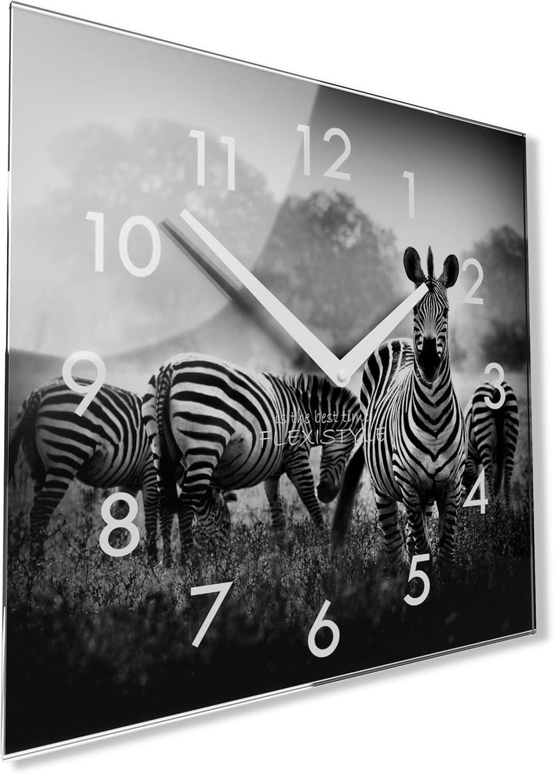 FLEXISTYLE Wanduhr Eckig Wohnzimmer 30 x 30 cm, aus Glas, mit Direktdruck modern ohne tickgeräusche