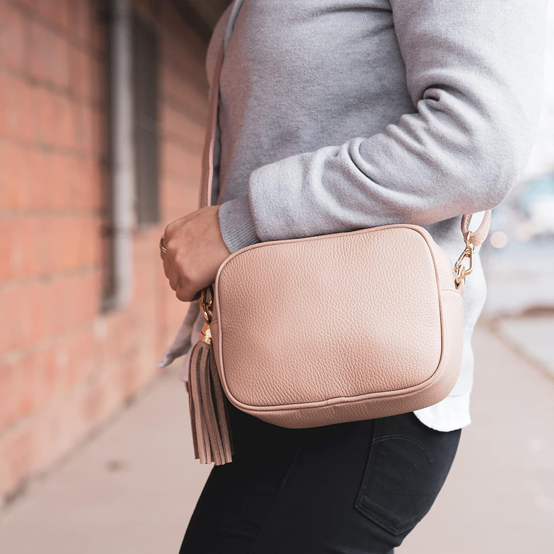 modamoda de - T240 - kleine Umhängetasche aus ital. Echtleder Blassbraun, Blassbraun