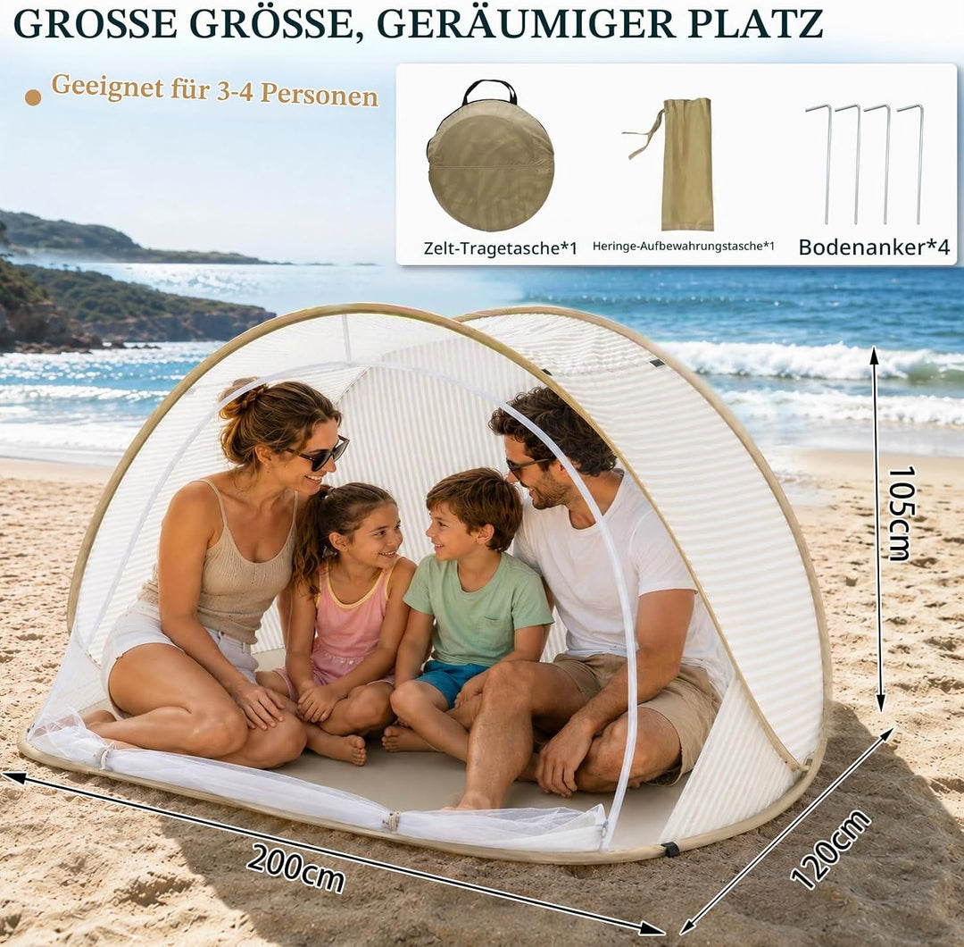 Strandmuschel Pop Up – Grosses, Tragbares Strandzelt für 3-4 Personen, Automatischer Aufbau, Sonnens
