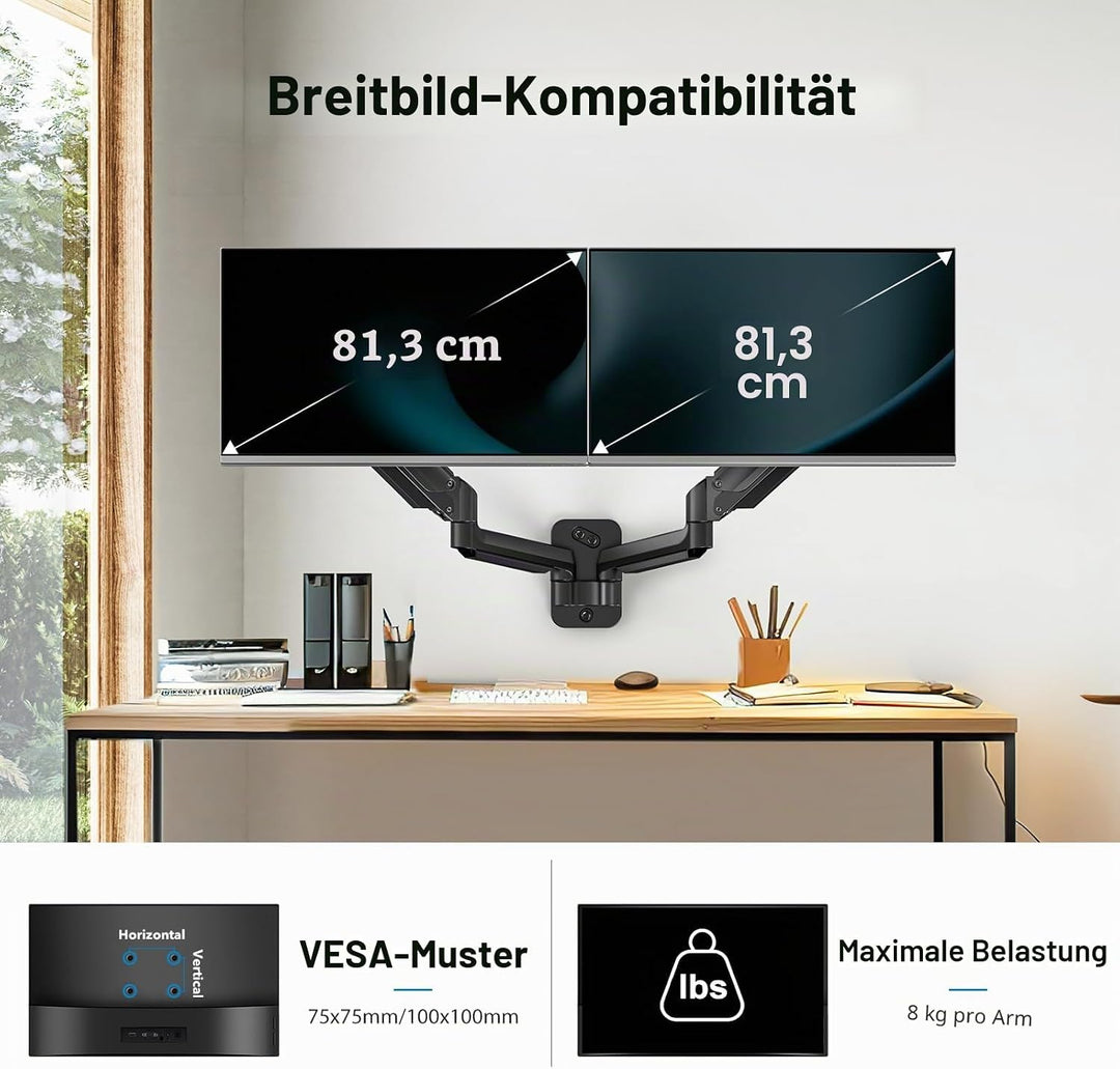 HUANUO Monitor Wandhalterung 2 Monitore, für 17-32 Zoll Bildschirme, Wandhalterung Monitor mit Gasfe