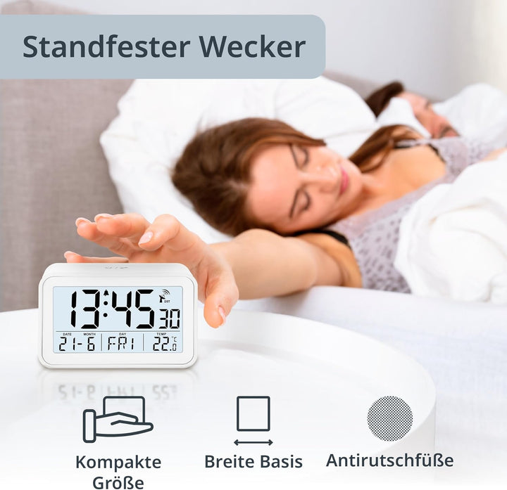 ADE Digitaler Funkwecker mit Licht | Temperaturanzeige und Kalender | kompakter Reisewecker | hübsch
