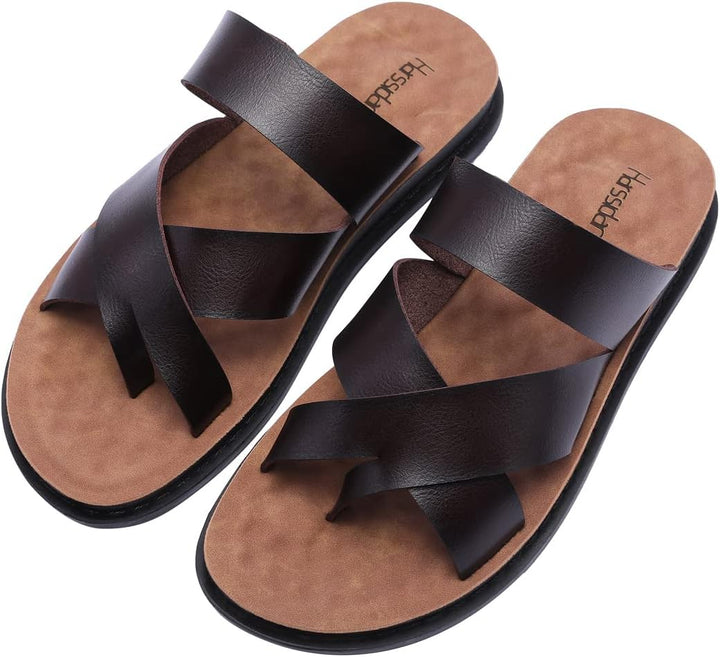 Harssidanzar Herren Sandalen Hausschuhe Cross Straps Slide Slip On Flip Flops für Männer Toe Ring St
