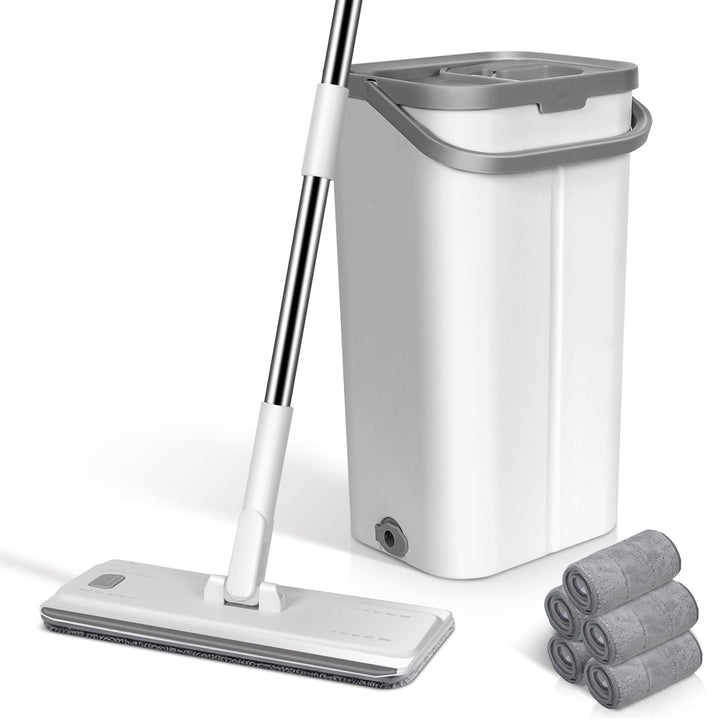 MASTERTOP Wischmopp Set mit Eimer, Flachmopp Bodenwischer mit 5 Mopp Pads und Langem Griff, 2 in 1 P