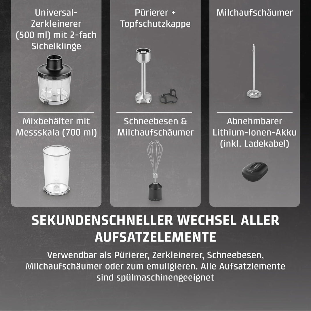 CASO Click & Mash - kabelloses 4 in 1 Stabmixer Set, akkubetrieben, verwendbar als Pürierer, Zerklei